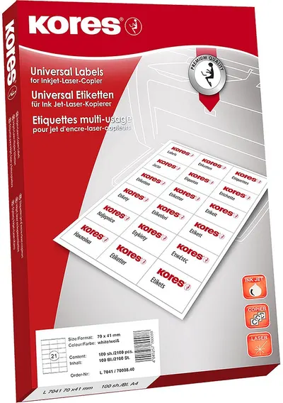 Etichete autoadezive Kores - A4, 100 foi, 70 x 41 mm