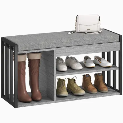 HOMCOM Suport pentru pantofi cu bancă de ședere, mobilier de hol pentru pantofi, dulap cu design în 3 trepte, pentru hol, intrare, camera de zi, dormitor, Gri | Aosom Romania