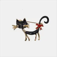 Brosa eleganta pisica neagra din metal cu strasuri rosii