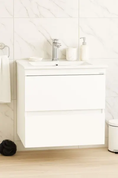 Set Baza front MDF si Lavoar seria 386, suspendata, cu sertare, montat, 60 cm, alb