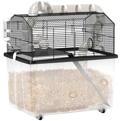 PawHut Cușcă pentru Hamsteri cu 2 Niveluri, Bază Adâncă, Roți, Tuburi, Bol, Sticlă de Apă și Rampă, 58x43x57 cm, Negru | Aosom Romania