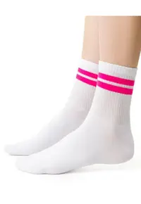 Sosete bumbac albe cu dungi roz S026-229 - Alb