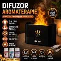 Difuzor de ulei esential, aromaterapie, umidificator de aer, rezervor 180ML, cu lumina tip flacara + Cadou 3 Uleiuri
