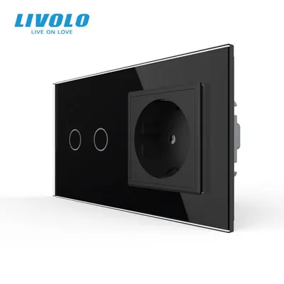 Intrerupator dublu cu touch + priza Schuko borne fara surub Quick Connect, generatia noua, cu rama sticla Negru