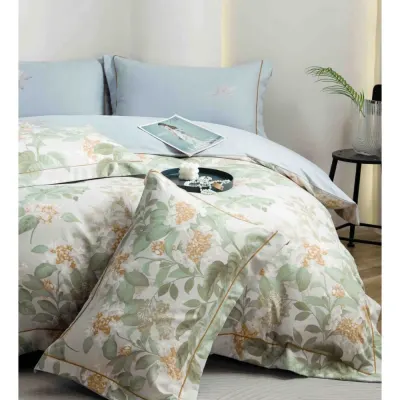 Lenjerie pat dublu, FINET DeLuxe, 6 piese, cu ELASTIC, Jojo Home, Cutie Eleganta, Verde, Bleu, Flori