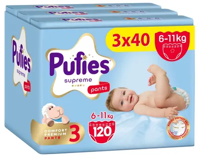 Scutece pantalonași Pufies Supreme - Mărimea 3 Midi, 120 bucăți, 6-11 kg, 3 x Value Pack