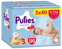 Scutece pantalonași Pufies Supreme - Mărimea 3 Midi, 120 bucăți, 6-11 kg, 3 x Value Pack