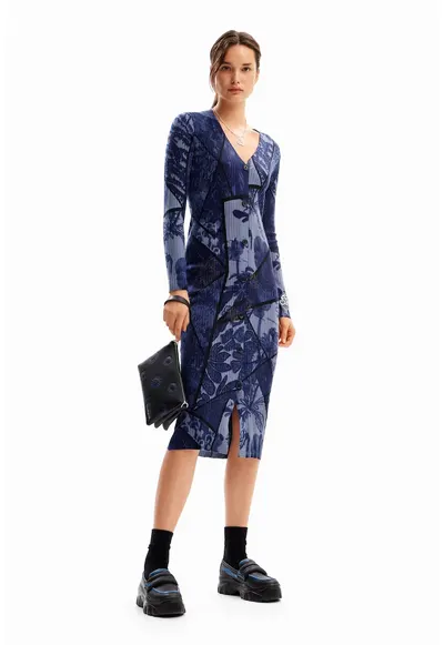 Rochie cu imprimeu si nasturi - Albastru inchis