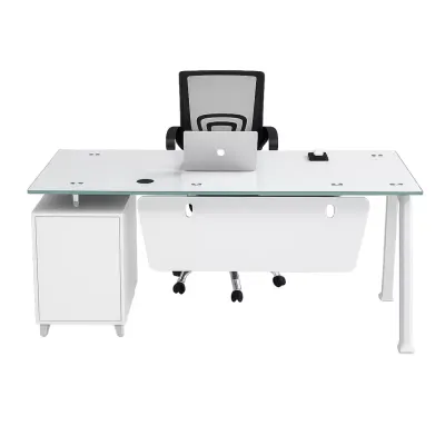 Set Prime & FlexiPro - Birou cu blat de sticla,dulap lateral fix si Scaun de birou ergonomic FlexiPro cu spatar mesh