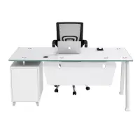 Set Prime & FlexiPro - Birou cu blat de sticla,dulap lateral fix si Scaun de birou ergonomic FlexiPro cu spatar mesh
