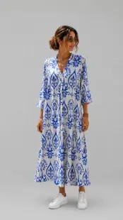 Rochie lunga vaporoasa cu imprimeu mediteranean, alb-albastru intens