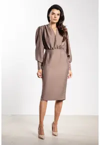Rochie midi decolteu V - bej - rayon|nylon