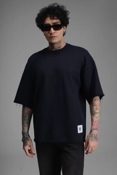 Tricou Barbati Oversized Navy-Blue Raw Edge Streetwear (mărime: M)
