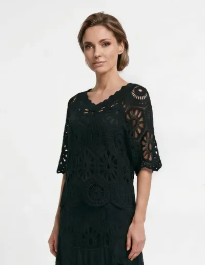 Bluza de vara cu broderie din bumbac, croi lejer, neagra