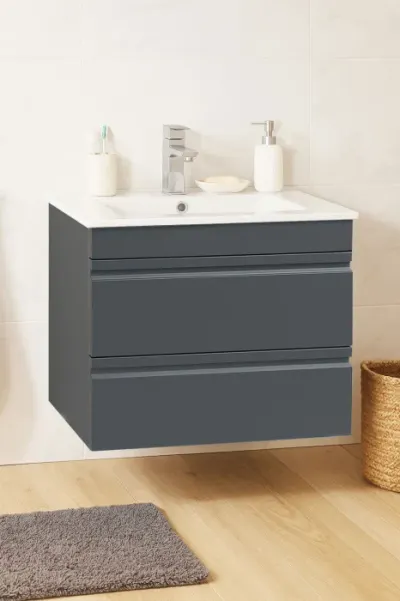 Set Baza front MDF si Lavoar seria 086, suspendata, cu sertare, montat, 60 cm, antracit