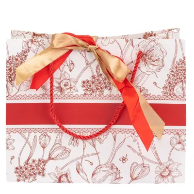 Pungă model floral cu 2 panglici colorate și mâner din sfoară - roșu (set 10 buc) 25x12x20cm - Default Title