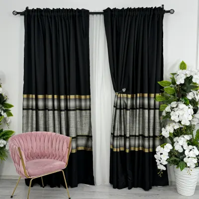 Set 2 Draperii Elite, tip panou 3 metri latime x 232cm inaltime , Rejansa pt bara ,Negru cu Auriu