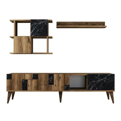 Set Living MADRID, comoda TV si corpuri suspendate, nuc + negru, 180x33,8x48,6 cm