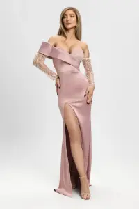 Rochie eleganta lunga din tafta roz prafuit si broderie pretioasa