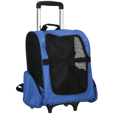 PawHut Rucsac 2-în-1 pentru Câini și Pisici cu Buzunare Laterale, Mâner Telescopic și Roti, 42x25x55 cm, Albastru | Aosom Romania