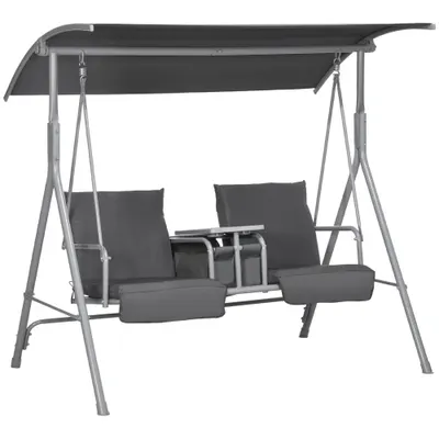 Outsunny Balansoar Exterior cu Măsuță de Cafea și Suport Central pentru Pahare, Leagăn cu 2 Locuri și Acoperiș, 175x112x158 cm, Gri | Aosom Romania