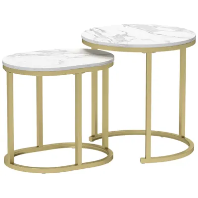 HOMCOM Set 2 Măsuțe de Cafea cu Blat cu Efect de Marmură din MDF și Oțel, Ø50x50.5 cm și 60x36x43.5 cm, Alb și Auriu | Aosom Romania
