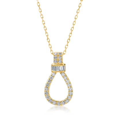 Lant cu pandantiv geometric din aur galben cu diamante baguette si rotunde de 0.62ct