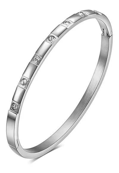 Bratara bangle - inox suflat cu aur 18k - zirconii - silver - diametru 6cm