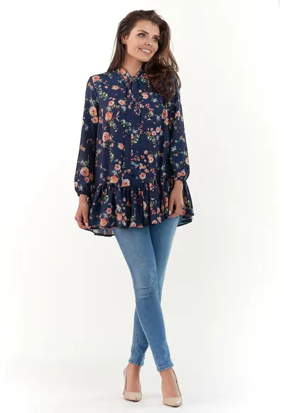 Bluza dama - Poliester - model flori - Bleumarin