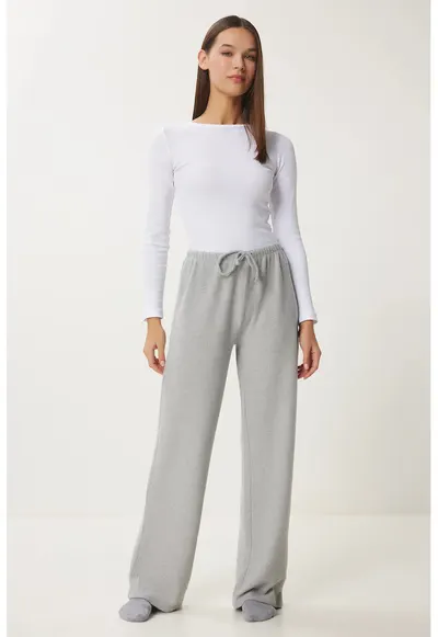 Pantaloni dama - Happiness Istanbul - trening - picior larg - gri deschis - elastic - poliester-viscoza-elastan