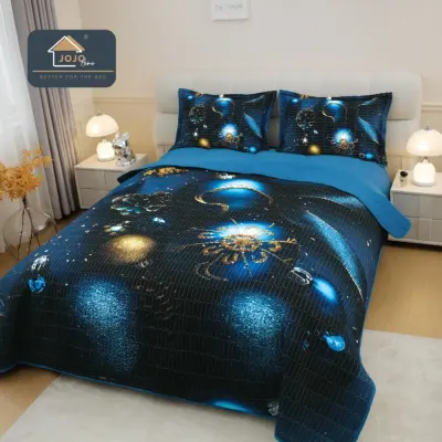 Cuvertura Matlasata, Bumbac Finet, cu Imprimeu 5D, 220x240cm + 2 fete de perna 50x70cm, Bleumarin, Globulete