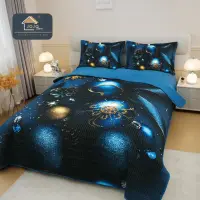 Cuvertura Matlasata, Bumbac Finet, cu Imprimeu 5D, 220x240cm + 2 fete de perna 50x70cm, Bleumarin, Globulete