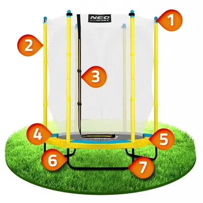 Trambulina de gradina pentru copii 140 cm 4.5ft Neo-Sport Galben,Plasa exterioara, Stalpi metalici cu protectie din burete, Intrare cu fermoar si catarama, Covoras impermeabil flexibil