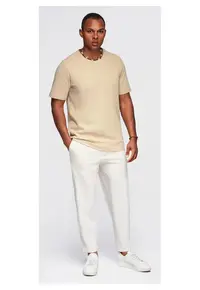 Tricou cu textura tip waffle si decolteu rotund OM-TSCT-0197 - Maro camel