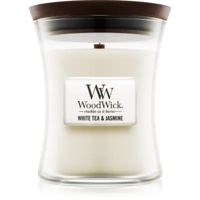 Woodwick White Tea & Jasmine lumânare parfumată cu fitil din lemn 275 g