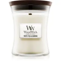 Woodwick White Tea & Jasmine lumânare parfumată cu fitil din lemn 275 g