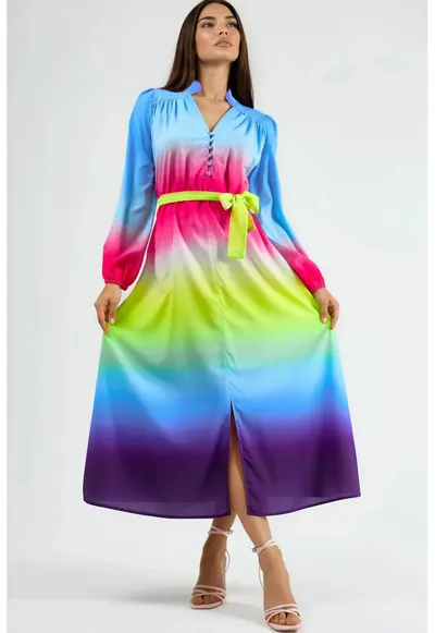 Rochie Maxi MSN Ombre cu curea - Albastru - Poliester-Bumbac