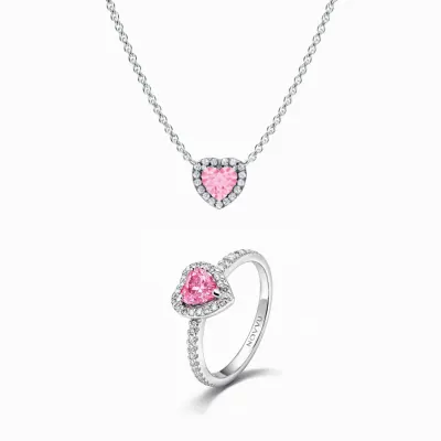 Set bijuterii Colier si Inel Pink Heart Heart Cu Argint