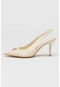 Pantofi slingback cu toc stiletto si aspect lacuit - Crem