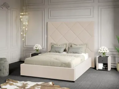 Pat Tapitat cu Panou 191x170 C2 Dubai cu somiera fixa Crem - Velluto 2 140x200