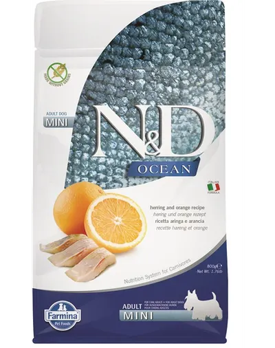 FARMINA N&D Ocean Canine Herring & Orange Adult Mini hrana caini adulti de rasa mica 800 g