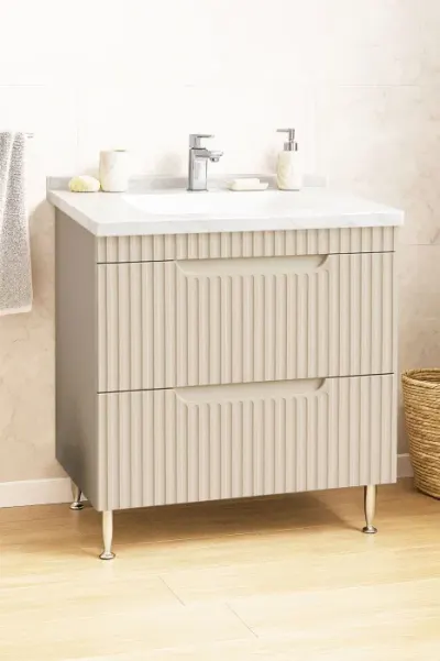 Set Baza front MDF si Lavoar seria 833, cu sertare, montat, 80 cm, crem