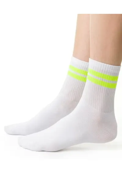Sosete bumbac albe cu dungi neon S026-226 - Alb