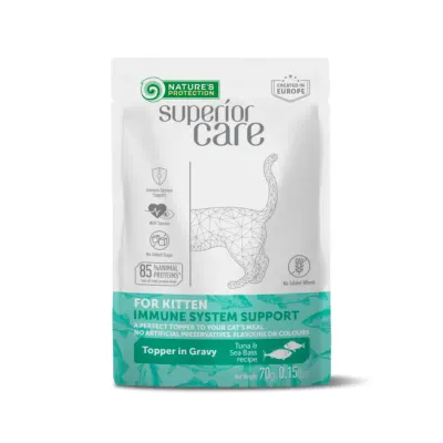 NATURES PROTECTION Superior Care Immune System, Ton și Șalău, plic hrană umedă pisici junior, sistem imunitar, (topping), 70g