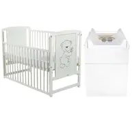Set mobilier pentru copii, BabyNeeds: Patut din lemn de pin, cu laterala culisanta si somiera reglabila in 3 trepte, Timmi, 120x60 cm + Saltea cocos-burete-cocos, 12 cm + Comoda cu masuta de infasat, Alb