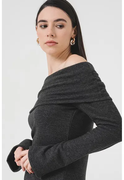 Bluza cu decolteu pe umeri Bella - Gri inchis melange