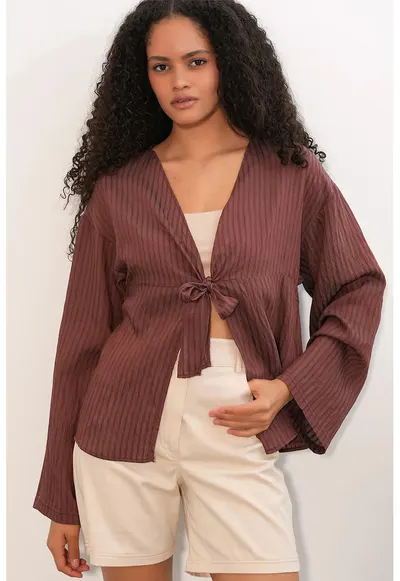 Bluza dama - Bluza cu decolteu in V si funda - maro mocha - viscoza-nailon