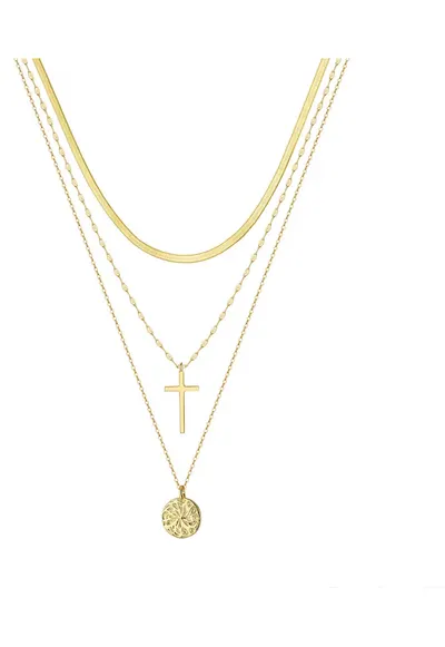 Colier Argint Triplu Snake - Cruce - Medalion Vintage - Placat cu Aur