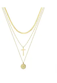 Colier Argint Triplu Snake - Cruce - Medalion Vintage - Placat cu Aur