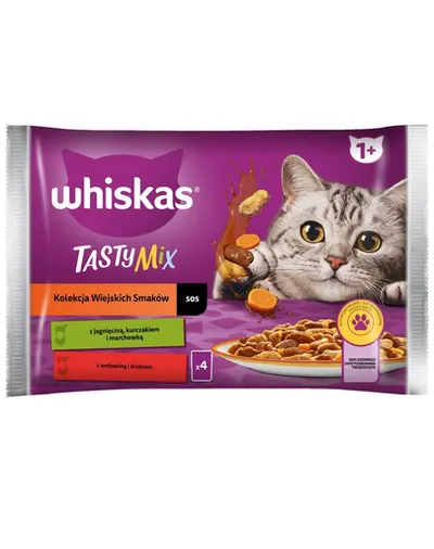 WHISKAS Adult hrana umeda in sos 4x85 g pentru pisici Rural Flavours miel, pui si morcovi, carne de vita si pasare